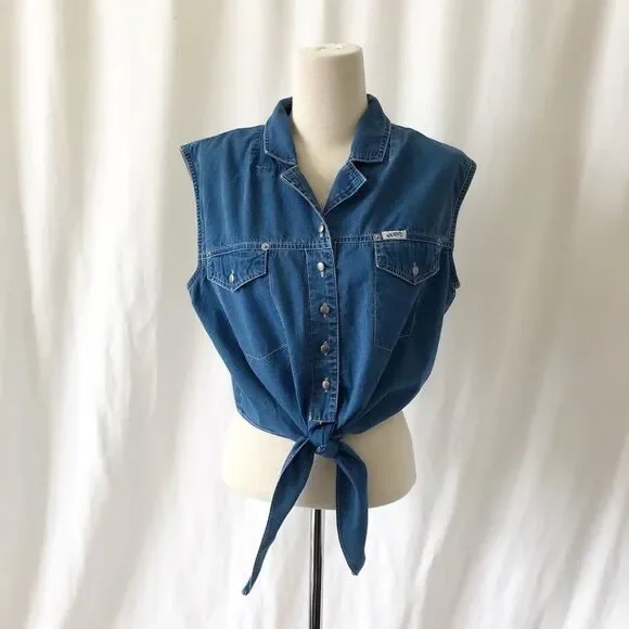 Vintage GUESS Denim Tie Front Top Y2K Western Retro Crop Shirt L - Picture 2 of 8